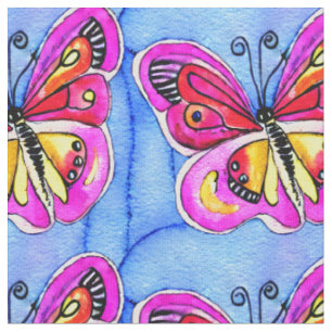 Vibrant watercolor butterflies Blue Pink Red Cute Fabric