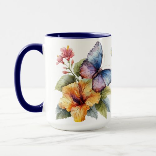Vibrant Watercolor Butterfly and Hibiscus Mug