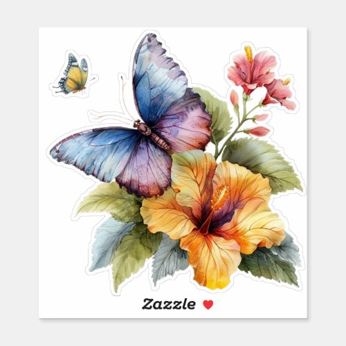 Vibrant Watercolor Butterfly and Hibiscus Sticker