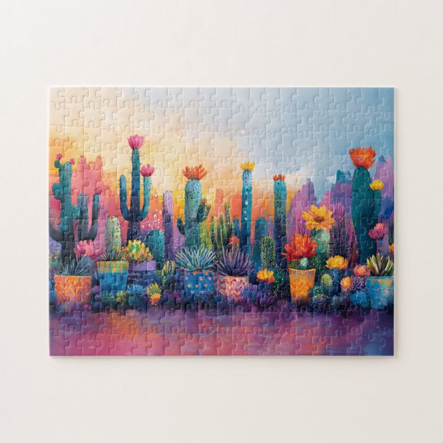 Vibrant Watercolor Cactus and Flowers Jigsaw Puzzle (Horizontal)