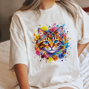 Vibrant Watercolor Cat Face Paint Splatter Art Tri-Blend Shirt
