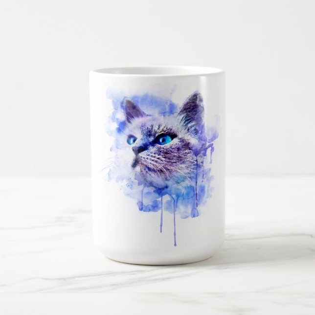 Vibrant Watercolor Cat Face T-Shirt Coffee Mug (Center)