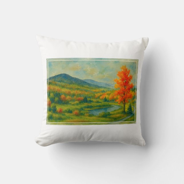 Vibrant Watercolor Catskill Mountain Range Throw Pillow (Front)