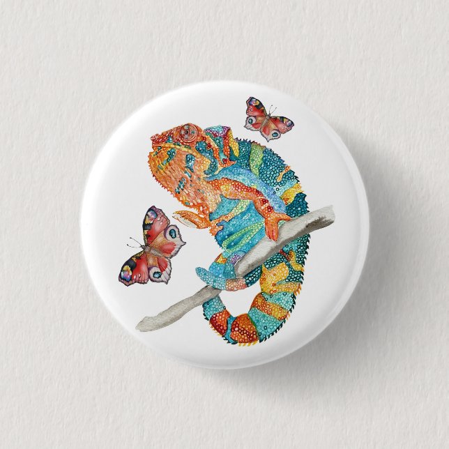 Vibrant Watercolor Chameleon  Button (Front)