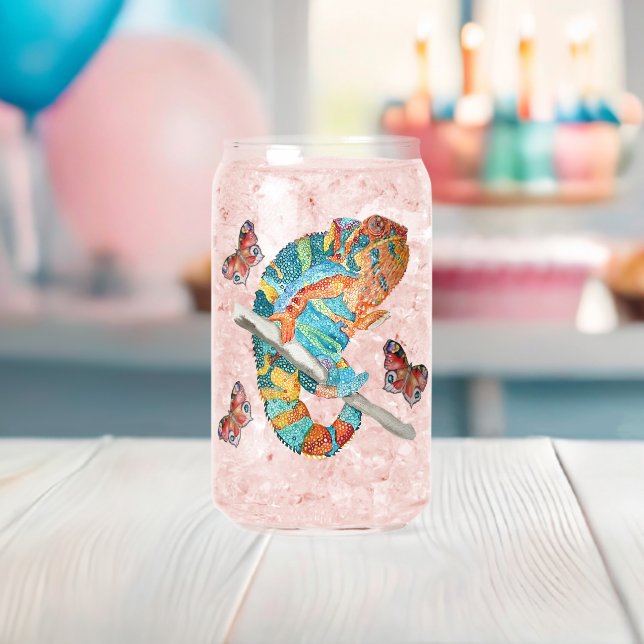 Vibrant Watercolor Chameleon  Can Glass (Insitu (Baby Shower))