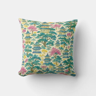 Vibrant Watercolor Chinoiserie Gold Pagoda Pattern Throw Pillow