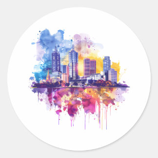 Vibrant Watercolor Cityscape Skyline Reflection  Classic Round Sticker