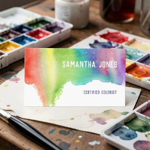 Vibrant Watercolor Colorful Hair Stylist Rainbow Business Card