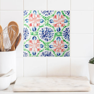 Vibrant Watercolor Coral Blue Green Pattern Ceramic Tile