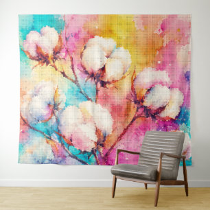 Vibrant Watercolor Cotton Flowers Geometric Style  Tapestry