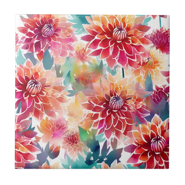 Vibrant Watercolor Dahlia Ceramic Tile (Front)