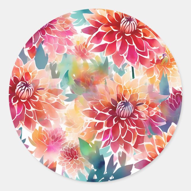 Vibrant Watercolor Dahlia Classic Round Sticker (Front)