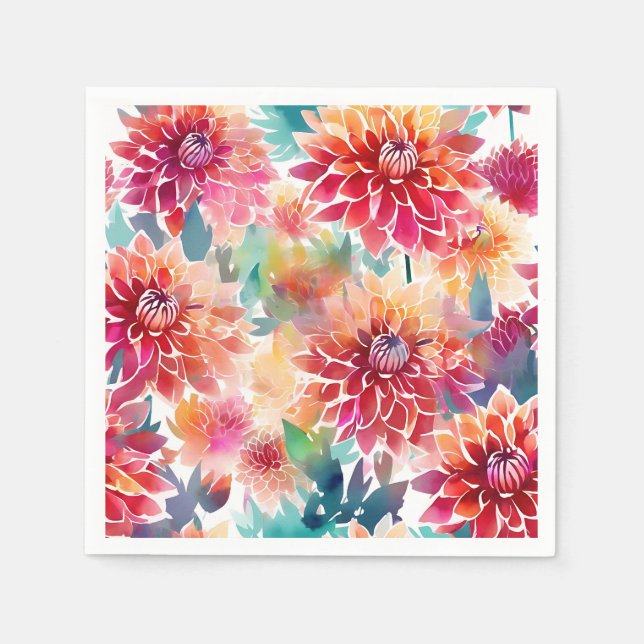Vibrant Watercolor Dahlia Napkins (Front)