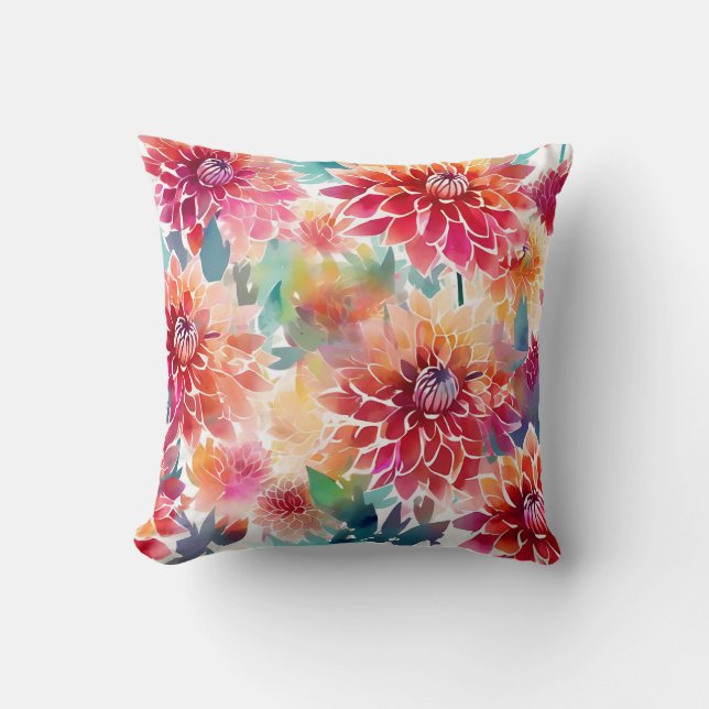 Vibrant Watercolor Dahlia Throw Pillow (Front)