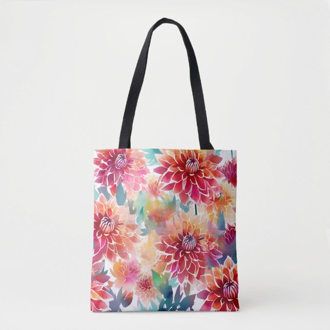Vibrant Watercolor Dahlia Tote Bag (Front)