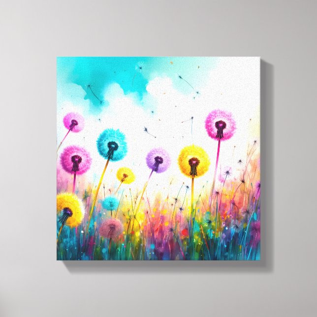 Vibrant Watercolor Dandelion Wishes | Colorful  Canvas Print (Front)