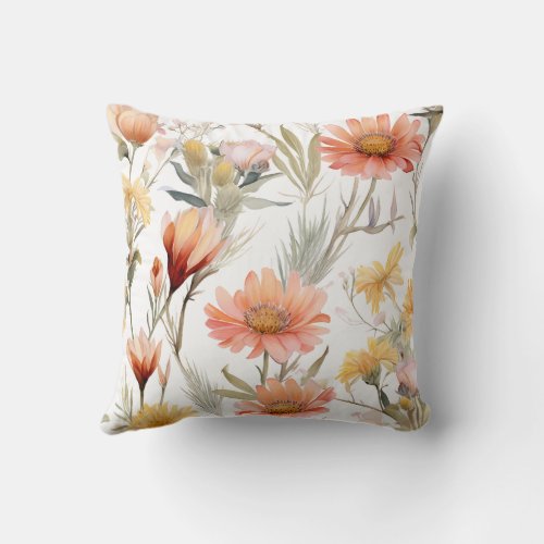 Vibrant Watercolor Desert Wildflowers Pattern Throw Pillow