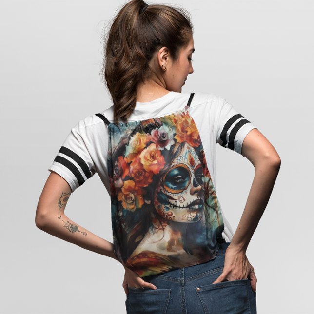 Vibrant Watercolor Dia de los Muertos Catrina Drawstring Bag (Creator Uploaded)