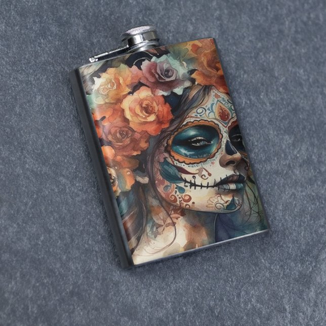 Vibrant Watercolor Dia de los Muertos Catrina Flask (Creator Uploaded)