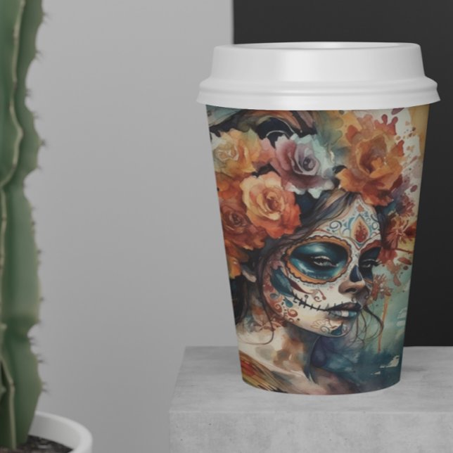 Vibrant Watercolor Dia de los Muertos Catrina Paper Cups (Creator Uploaded)