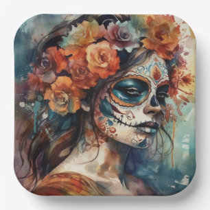 Vibrant Watercolor Dia de los Muertos Catrina Paper Plates