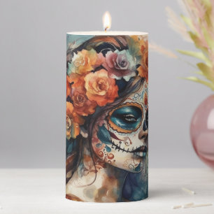 Vibrant Watercolor Dia de los Muertos Catrina Pillar Candle