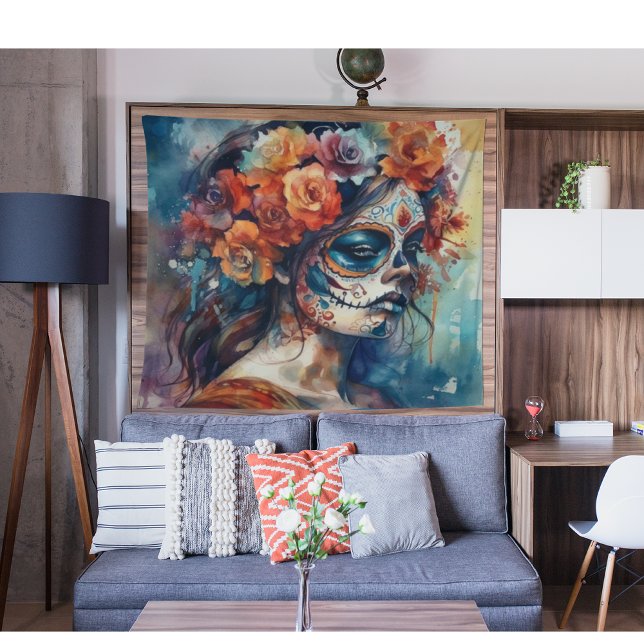 Vibrant Watercolor Dia de los Muertos Catrina Tapestry (Creator Uploaded)