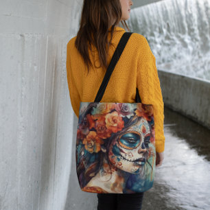 Vibrant Watercolor Dia de los Muertos Catrina Tote Bag