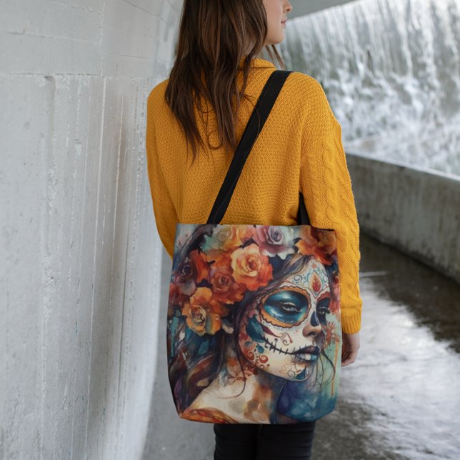 Vibrant Watercolor Dia de los Muertos Catrina Tote Bag (Creator Uploaded)