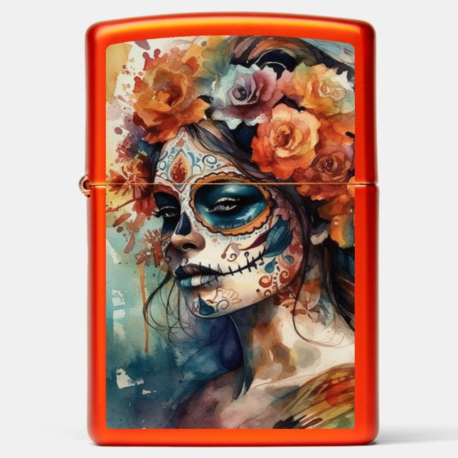 Vibrant Watercolor Dia de los Muertos Catrina Zippo Lighter (Front)