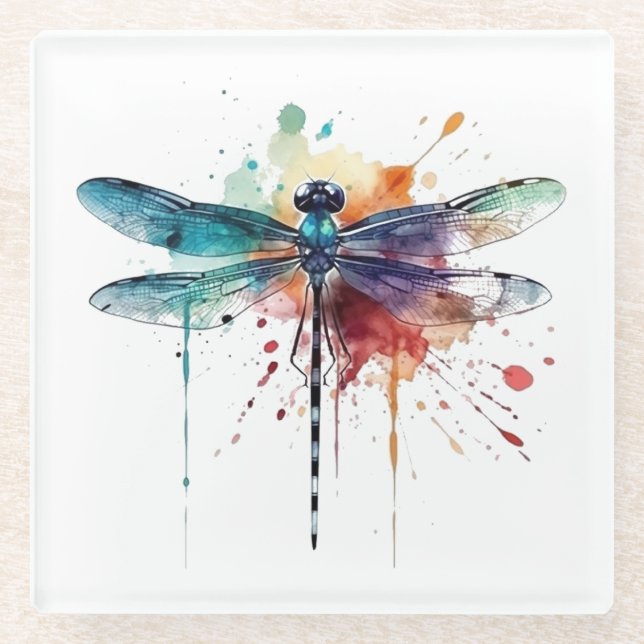 Vibrant Watercolor Dragonfly Glass Coaster (Front)