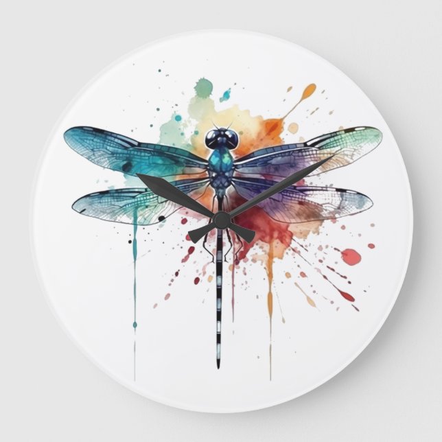 Vibrant Watercolor Dragonfly Large Clock (Front)