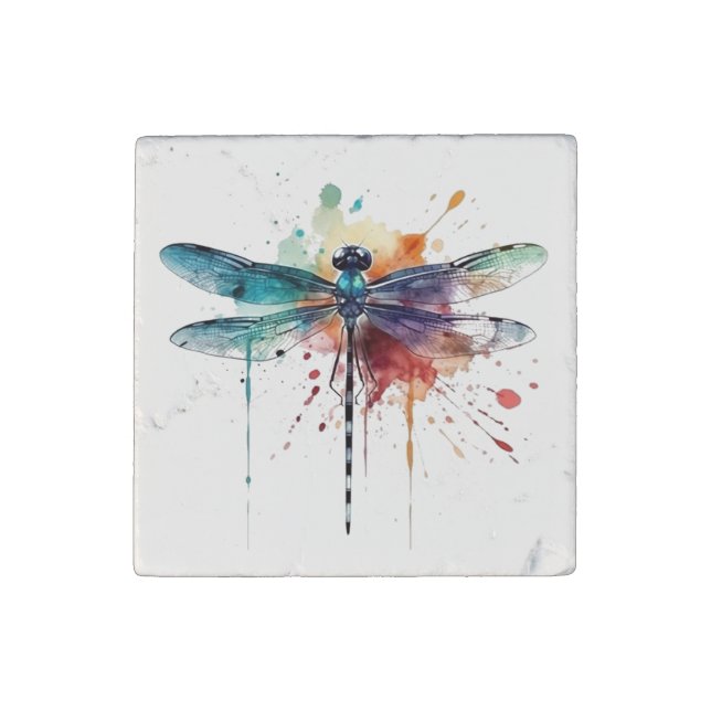 Vibrant Watercolor Dragonfly Stone Magnet (Front)