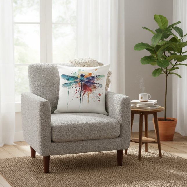 Vibrant Watercolor Dragonfly  Throw Pillow (Creator Uploaded)