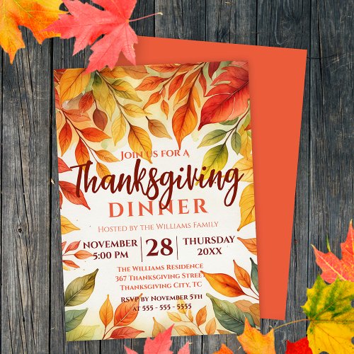 Vibrant Watercolor Fall Leaves Border Thanksgiving Invitation