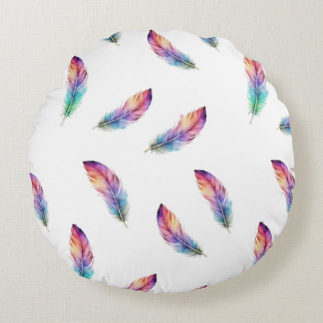 Vibrant Watercolor Feather All-Over Print Round Pillow (Front)