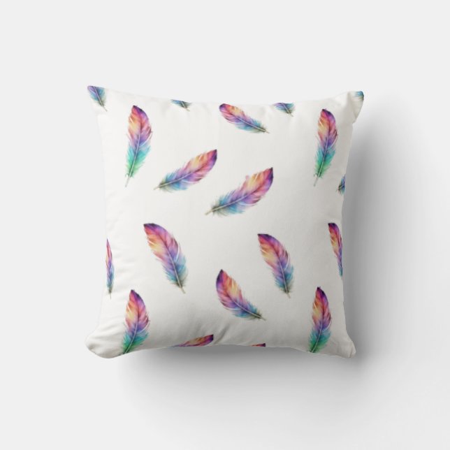 Vibrant Watercolor Feather All-Over Print Throw Pillow (Front)