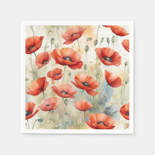 Vibrant Watercolor Field of Wild Poppies in Fiery  Napkins