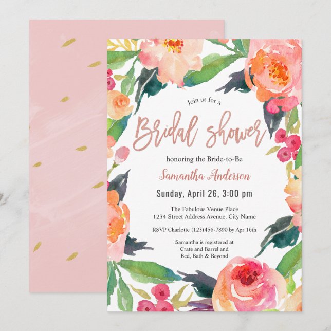 Vibrant Watercolor Floral Bridal Shower Invitation (Front/Back)