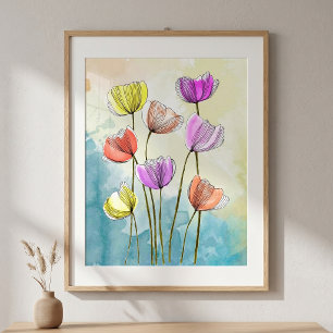 Vibrant Watercolor Floral Fine Line Drawing Poster