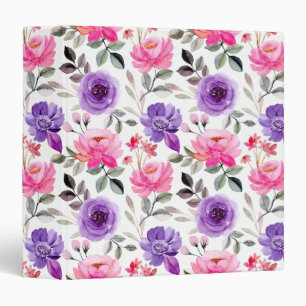 Vibrant Watercolor Floral Pattern in Pink & Purple 3 Ring Binder