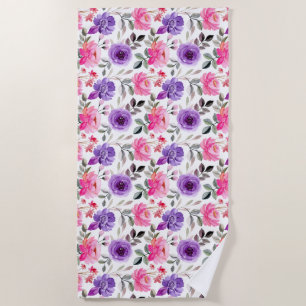 Vibrant Watercolor Floral Pattern in Pink & Purple Beach Towel