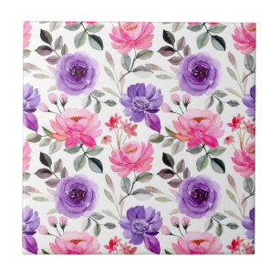 Vibrant Watercolor Floral Pattern in Pink & Purple Ceramic Tile