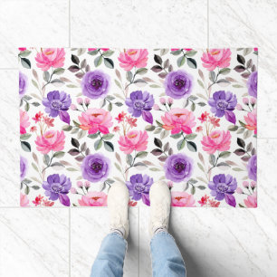 Vibrant Watercolor Floral Pattern in Pink & Purple Doormat