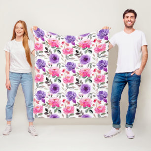 Vibrant Watercolor Floral Pattern in Pink & Purple Fleece Blanket