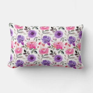 Vibrant Watercolor Floral Pattern in Pink & Purple Lumbar Pillow