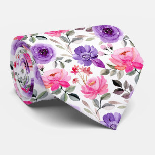 Vibrant Watercolor Floral Pattern in Pink & Purple Neck Tie