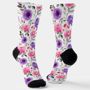 Vibrant Watercolor Floral Pattern in Pink & Purple Socks