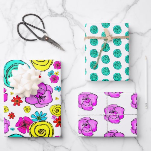 Vibrant Watercolor Floral Yellow Aqua Pink Purple Wrapping Paper Sheets