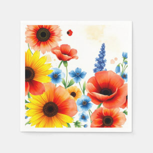 Vibrant Watercolor Flower Bouquet with Sunflowers Napkins